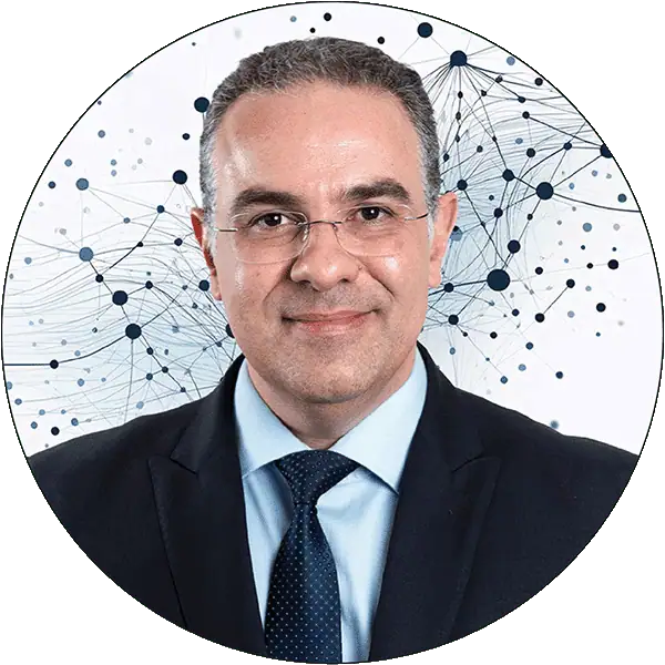 Médico em traje formal com fundo de elementos gráficos relacionados à saúde.