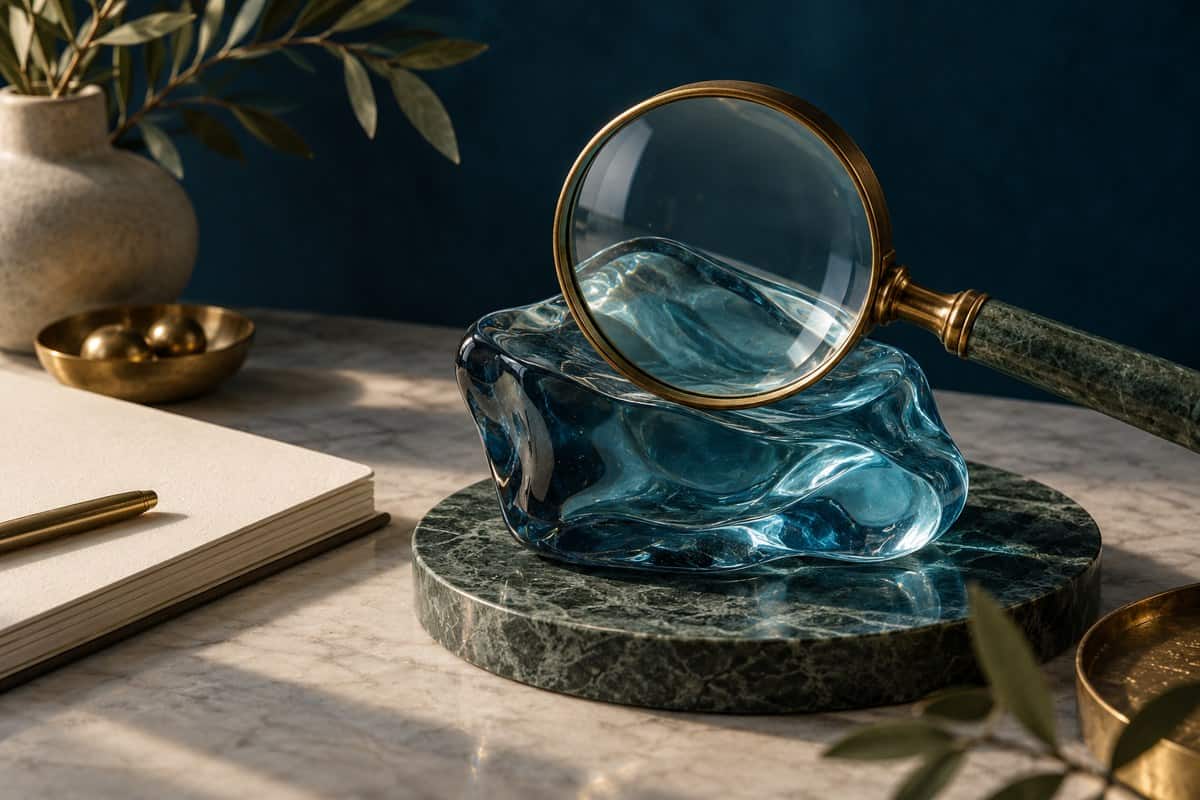 Lupa sobre escultura de vidro azul, em composição simbólica sobre reconhecer alterações de saúde.