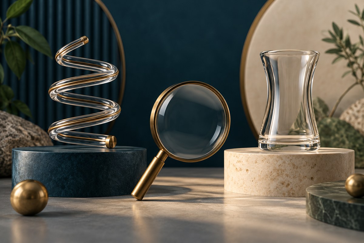 Objetos abstratos de vidro em duas bases, em composição simbólica sobre comparação de alternativas.