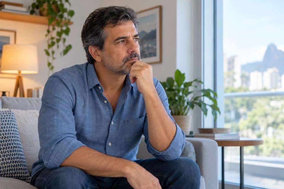 Homem adulto refletindo sobre saúde e acompanhamento médico
